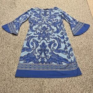 Barbara Erickson Damask Print Shift Dress M Flare Sleeve Resort Coastal Preppy